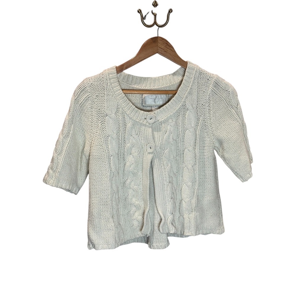 American Eagle Y2K Large Cream Cable Knit Cropped Cardigan Short Sleeve Button
